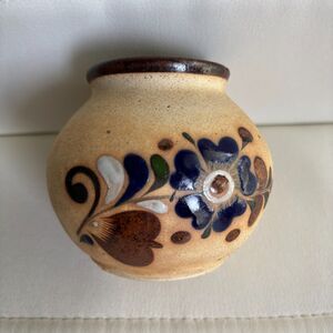 Vintage Cancun Mexico Hand Painted Pottery Vase Blue Floral 3.5" Souvenir